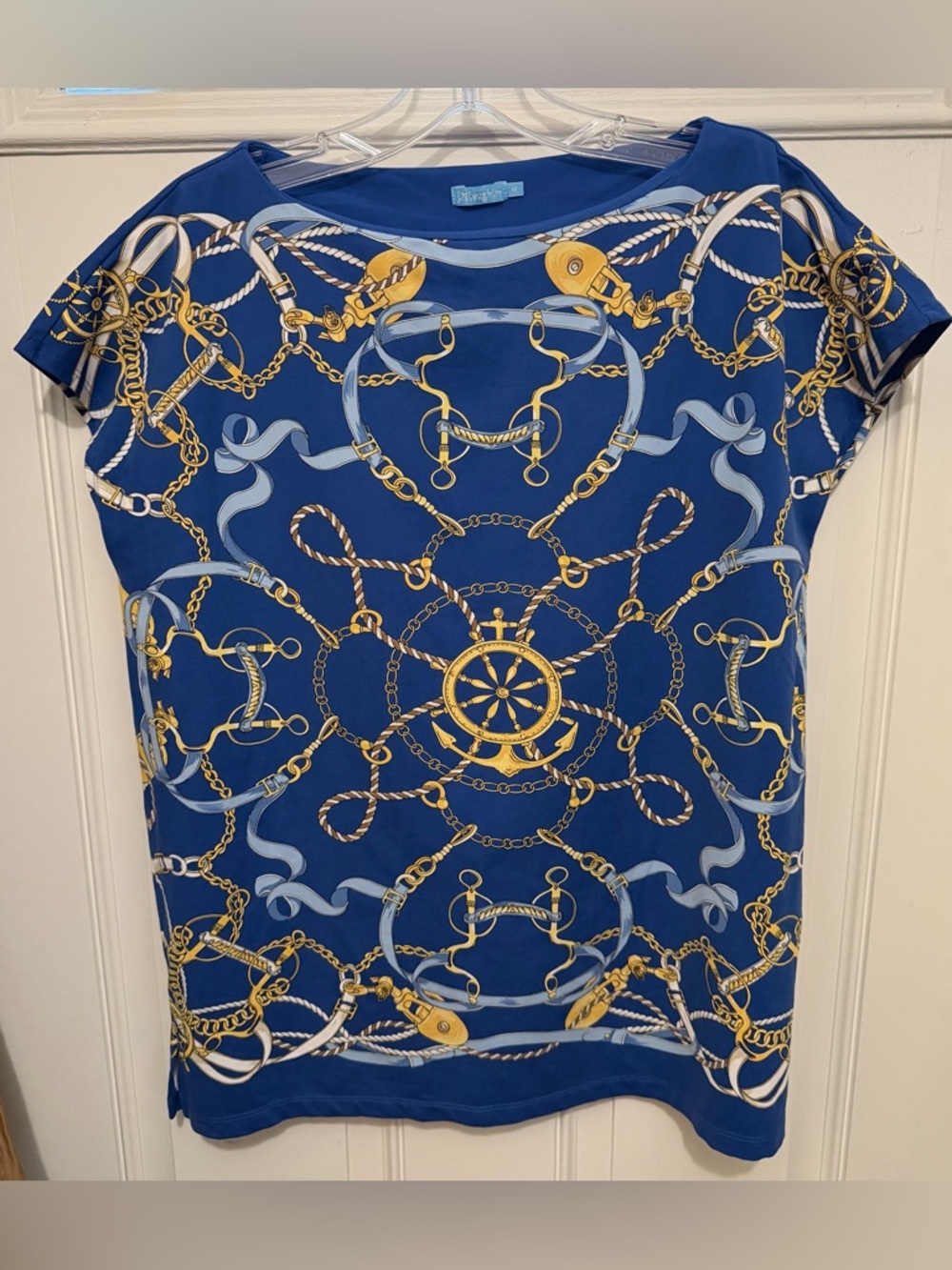 J. McLaughlin Royal Blue Gold Nautical Chain-Print Short Sleeve Top
